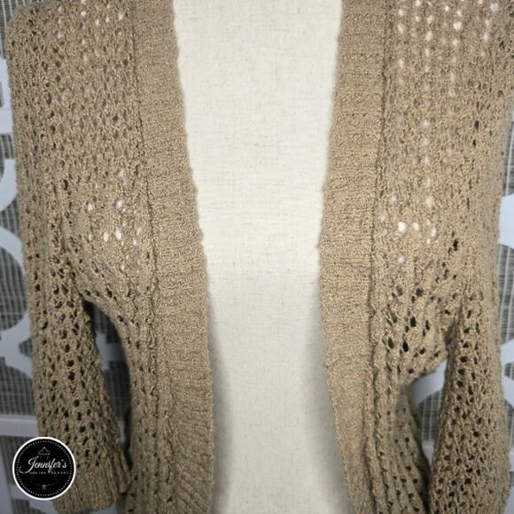 Cable & Gauge Tan Open Crochet Weave 3/4 Sleeve Open Front Cardigan Size L - Picture 4 of 9